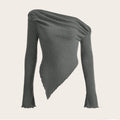 Women Solid Autumn Winter Grunge Asymmetrical Neck Rib-knit Tee Strapless Blouse Long Sleeve Casual Sweater Handkerchief Hem