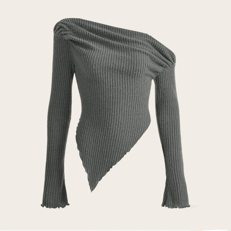 Women Solid Autumn Winter Grunge Asymmetrical Neck Rib-knit Tee Strapless Blouse Long Sleeve Casual Sweater Handkerchief Hem