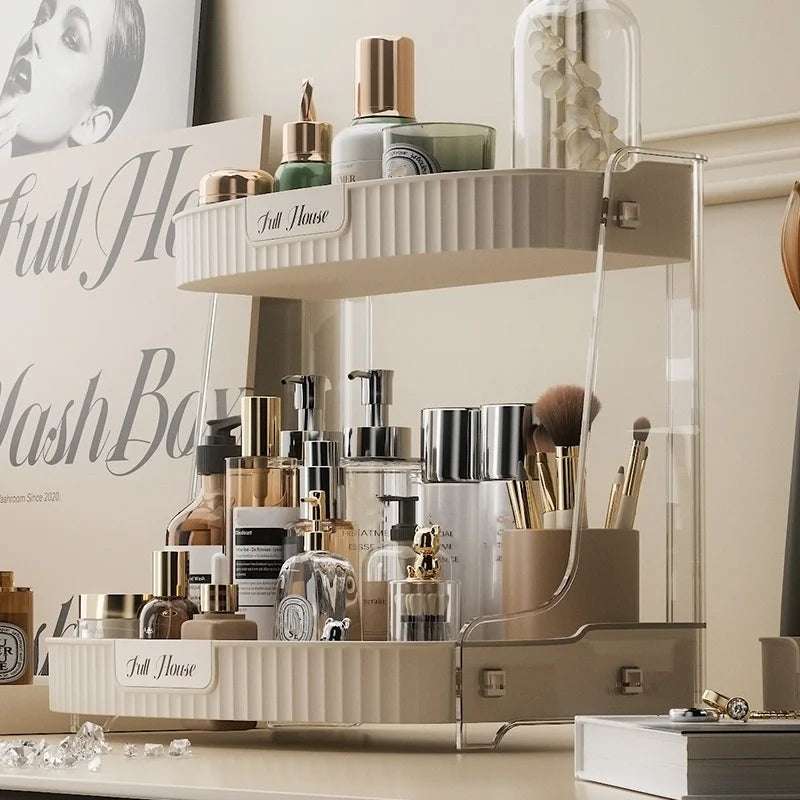 OWNSWING Makeup Organizer 2-Tier Plastic Cosmetic Display Cases Skincare Organizer for Bathroom