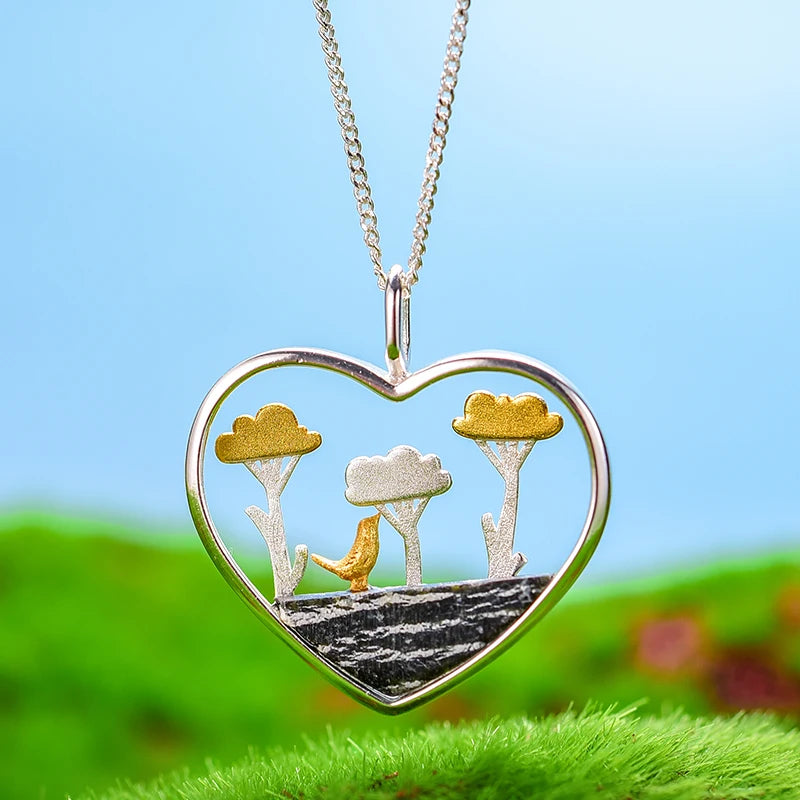 Lotus Fun Handmade 925 Sterling Silver 18k Gold Plated Tree Cloud Green Zebra Stone Love Pendant Necklace Fine Jewelry for Women