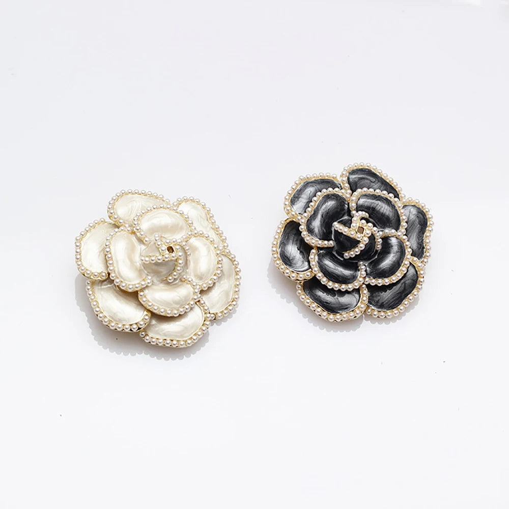 Pearl Enamel Camellia Brooches for Women Elegant Flower Pins Fashion Jewelry Coat Accessories Brooch