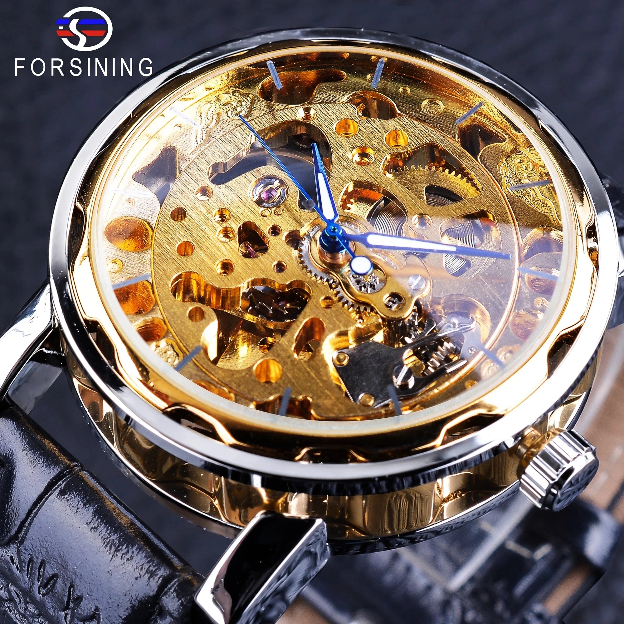 Forsining Luxury Openwork Gold Leather Band Skeleton Mens Watch Luminous Design Male Clock Fashion Waterproof Men Wristwatch