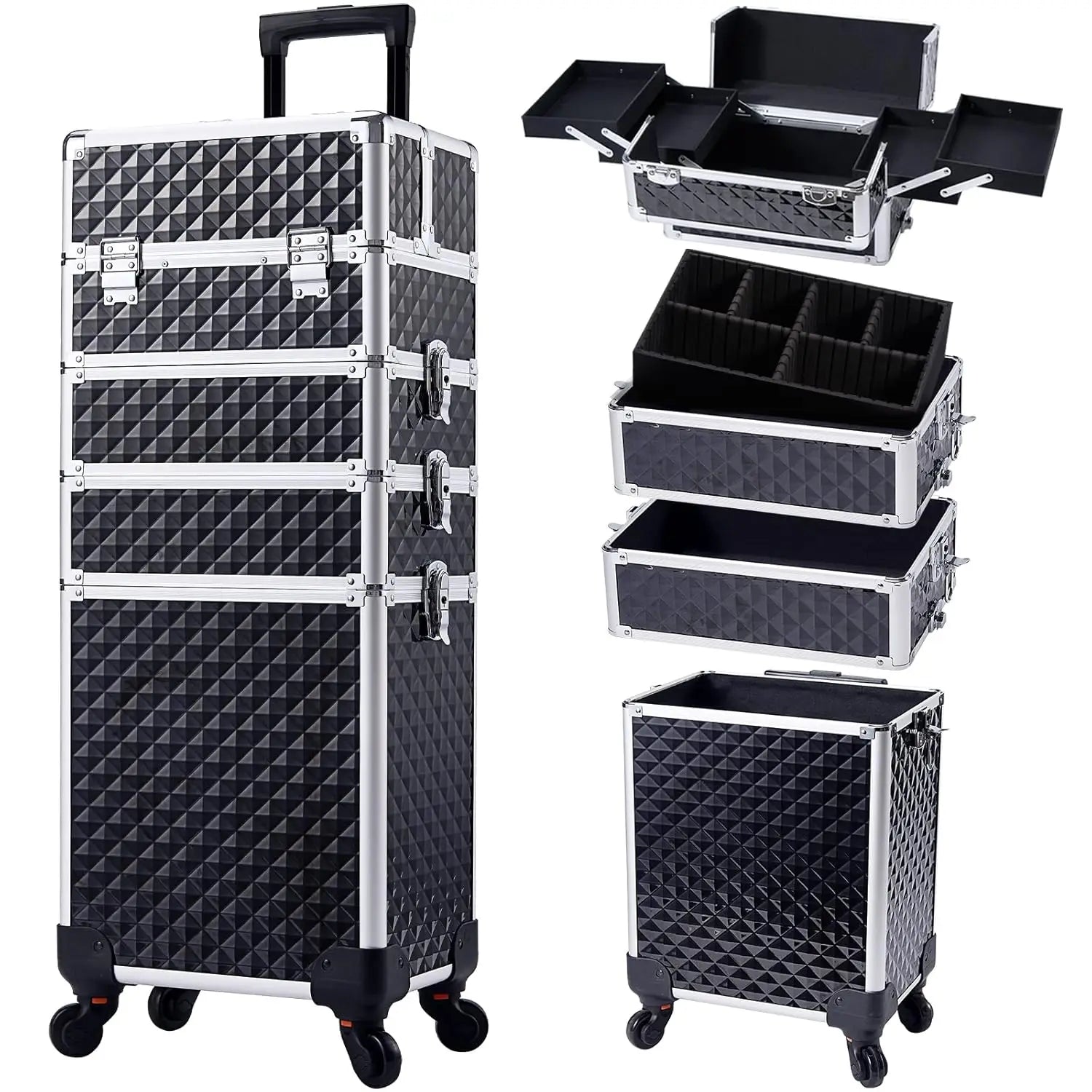 Rolling Makeup Train CaseLarge Storage Cosmetic Trolley Case4 in 1 Large Capacity Trolley Makeup Travel Case with Key