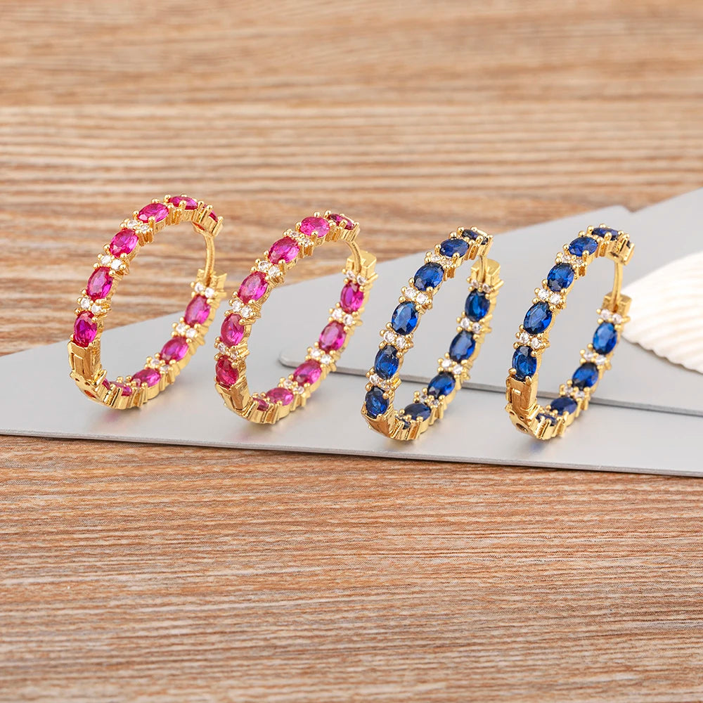 QIKU Luxury Large Circle Round 4 Colors Rhinestone Copper Zirconia Earrings Women Minimalist Gold Plated Accessories Party Gift