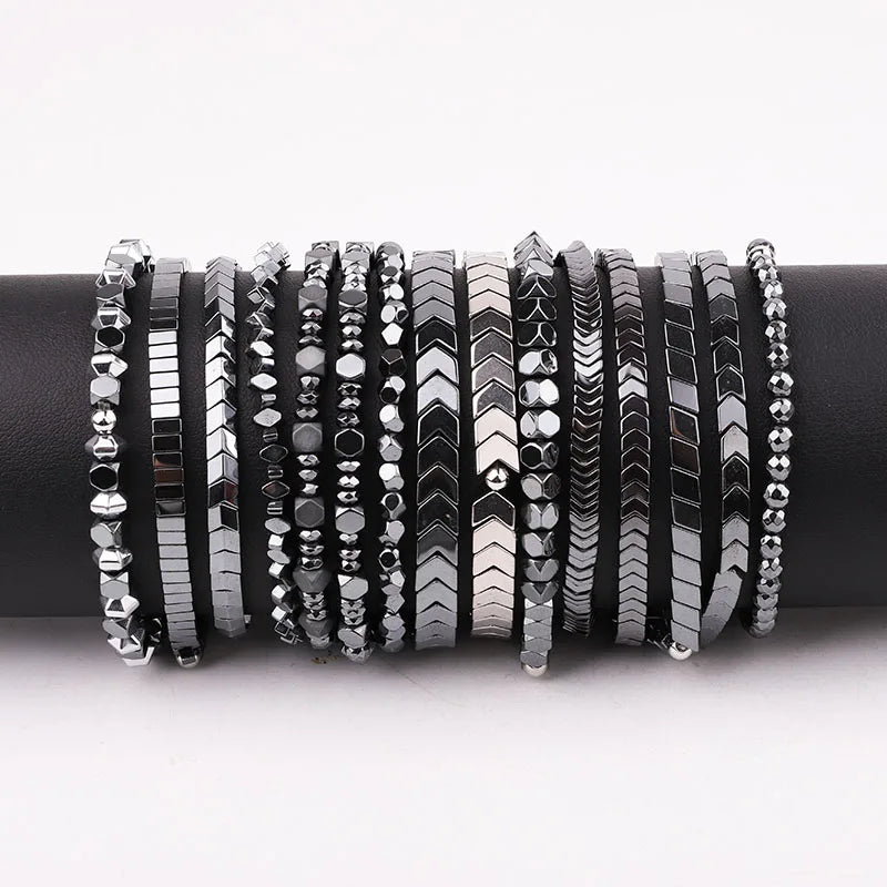 New Simple Design Natural Hematite Beads Stone Jewelry Elastic Bracelet Men Women