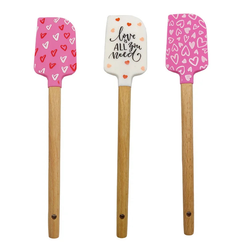Manjia Factory Supply Wooden Silicone Kitchen Utensils Pink Ice Cream Shave Scraper Various Colors Spatula for Cooking