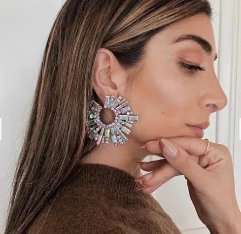 Women's Bohemia Style Crystal Stud Earrings with Flower Pattern 18K Gold Plated Alloy Statement Stone for Anniversary Occasions