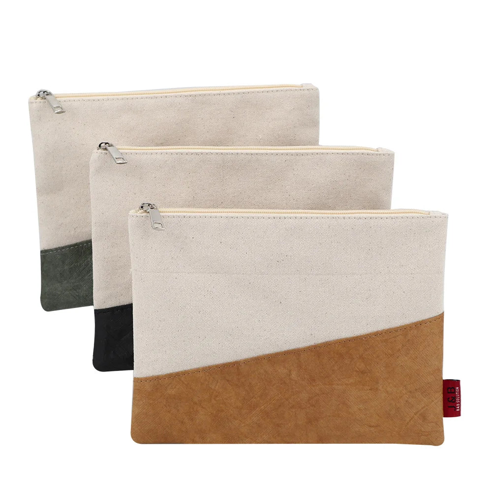 Eco Friendly Reusable Dupont Tyvek Kraft Paper Splicing Canvas Make up Cosmetic Pouch Bag Toiletry Wash Beauty Zipper Pouch Bag