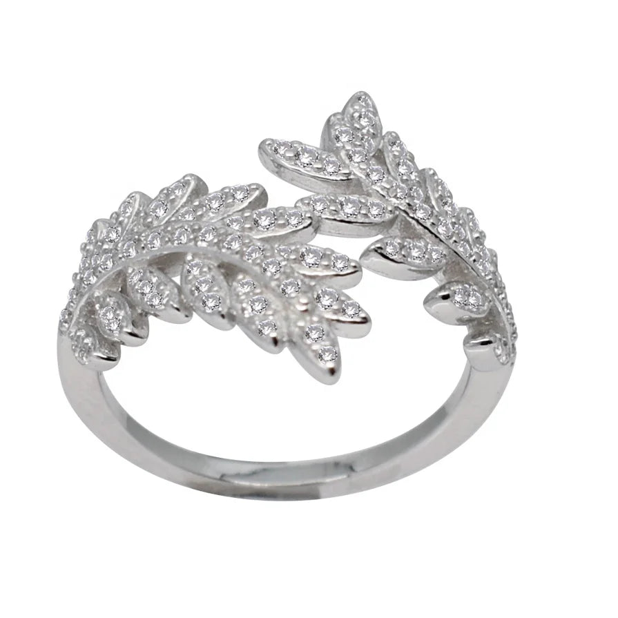 Fashion Jewelry Silver Rhodium Plated CZ Leaf Branch Women Stackable Ring Hip Hop Style Anniversary Daily Wearing