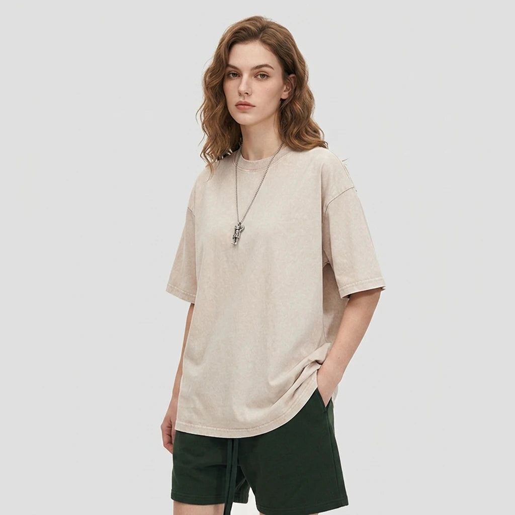 Custom Luxury Men's 100% Cotton 280G Heavyweight Tshirt Streetwear Oversize Drop Shoulder Rib Crewneck Blank T-shirt Plain Dyed