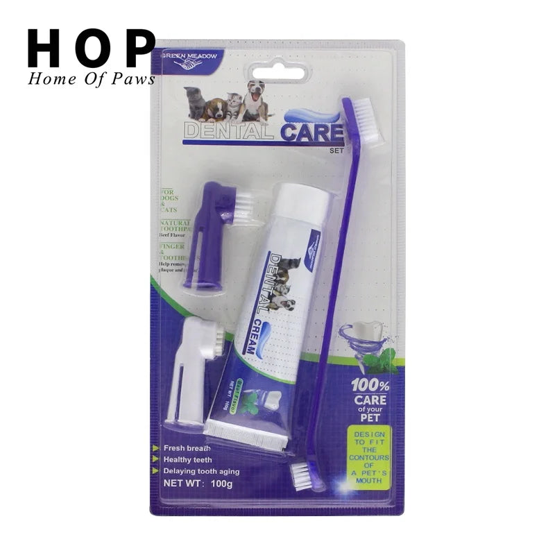 Factory Wholesale 4 in 1 Dog Dental Care Dog Finger Toothbrush Pet Cat Dog Toothbrush and Toothpaste Set Vanilla/Beef Taste