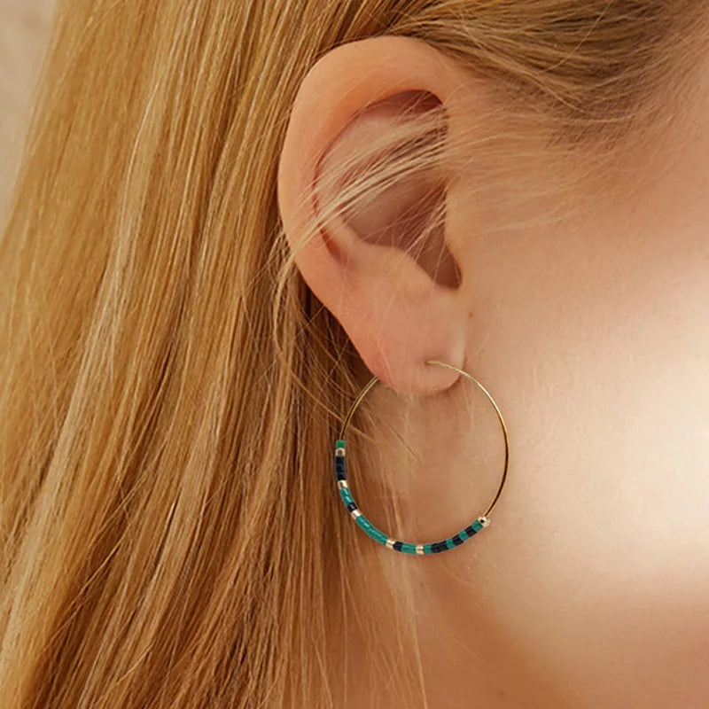 Wholesale Boho Earrings Stainless Steel Beaded Earrings Large Colorful Seed Bead Hoop Earrings
