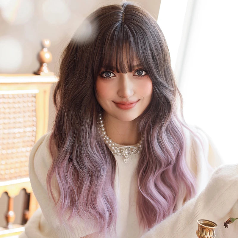 Ombre Purple Wig Shoulder Length Hair Wavy Wig With Bangs for Women Heat Resistant Synthetic Purple Pink Curly Wigs for Anime