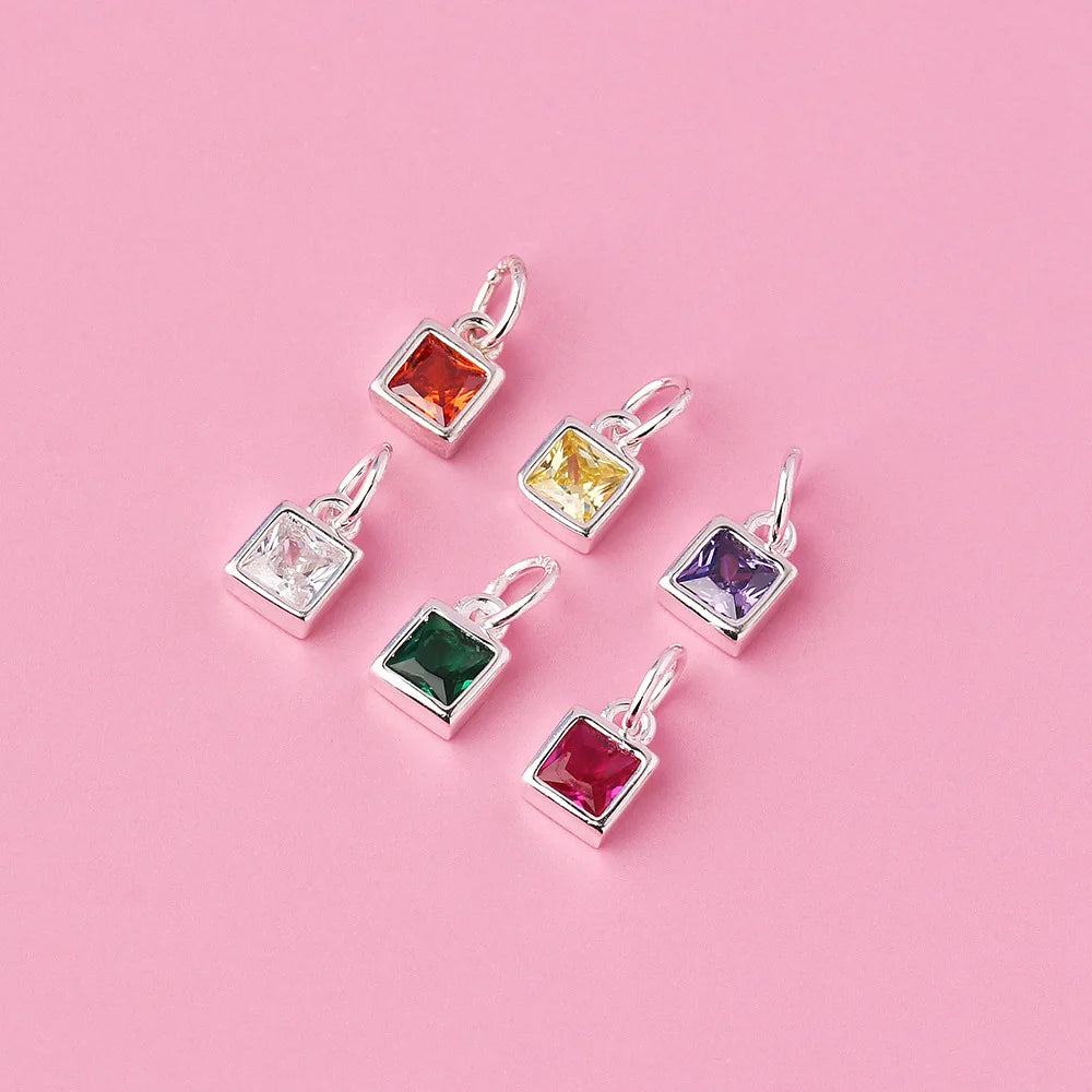 4mm Bezel CZ Square Charm Pendants 925 Sterling Silver Amethyst Square Geometry Pendant for DIY Jewelry Supplies