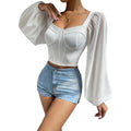 Lantern Sleeve Sweetheart Neck Crop Top