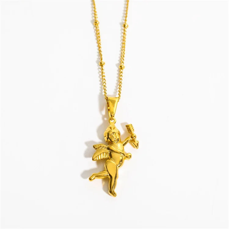 Vintage Stainless Steel Women's Gold Plated Pearl Cupid Charm Necklace with Link Chain-Anniversary Gift for Party