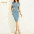 Clothing Factory Wholesale Custom Autumn Women's Cotton Knitting Suit Skirt Short Sleeve Short Top Casual Hip Wrap Skirt Sets