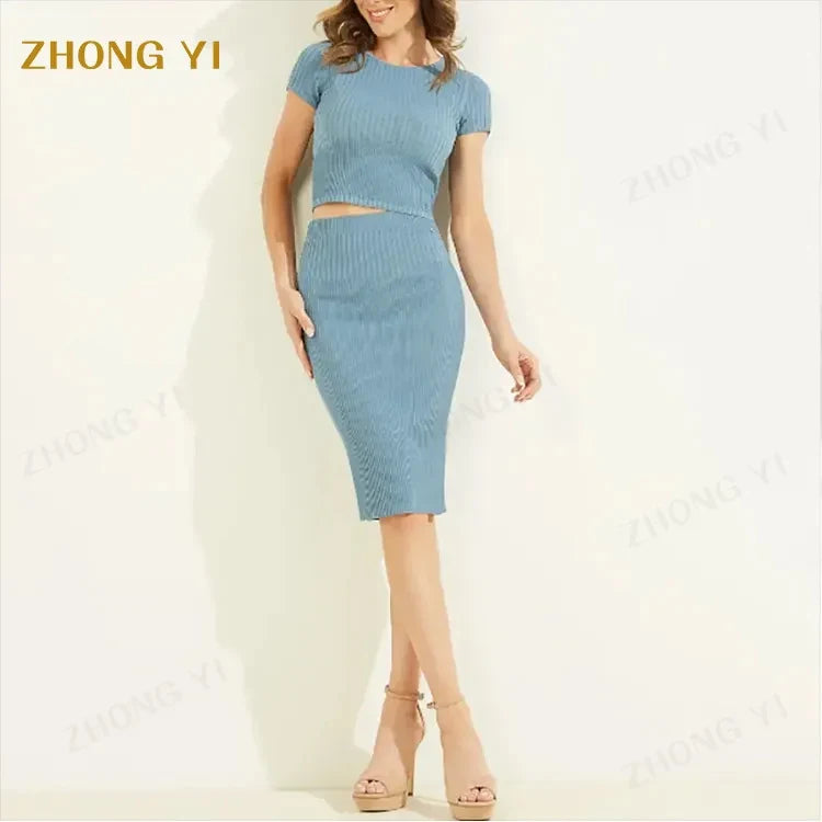 Clothing Factory Wholesale Custom Autumn Women's Cotton Knitting Suit Skirt Short Sleeve Short Top Casual Hip Wrap Skirt Sets