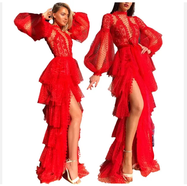 New Sexy Fashion Womens Red Mesh Ruffles Floor Length Ball Gowns Long Sleeve Evening Dresses Party Dresses