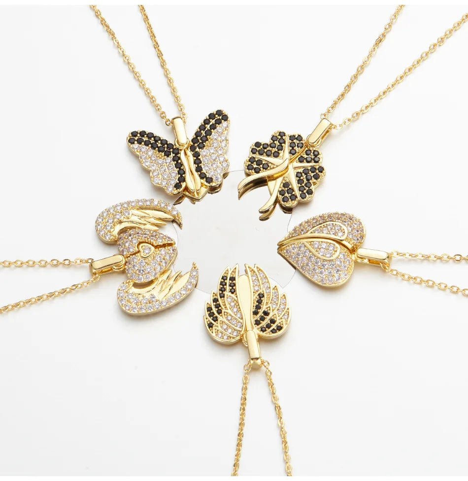 Fashion Black White Crystal Zircon Angel Wings Butterfly Pendant Necklace Gold Plated Open Wings Engraved Heart Necklace