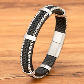 Punk Cool Real Leather with Box Chains Bangle Stainless Steel Magnetic Buckle Custom Logo Hand Jewelry for Men Boy