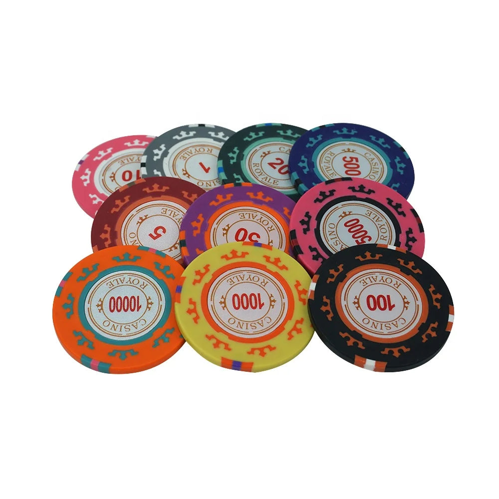 Factory Supply 14g Real Three Tone Clay Royal Poker Chips 40mm with Casino Number Sticker Custom Design for Casino Gambling