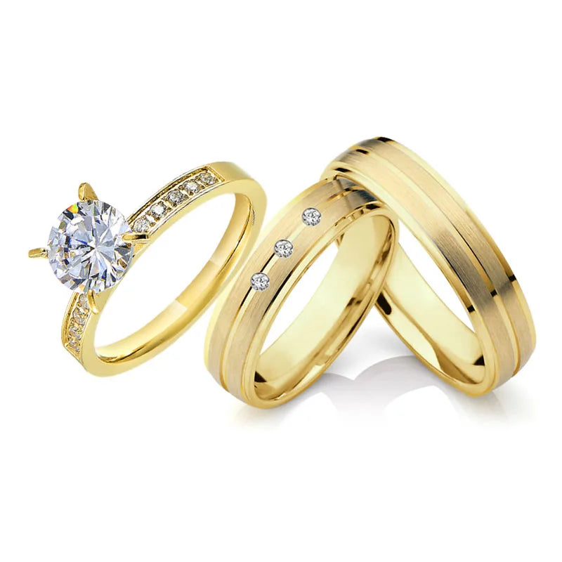 18K Gold Plated Cubic Zirconia Moissanite Stainless Steel Engagement Rings Bague Femme Anillos Diamantes Anel for Men and Women