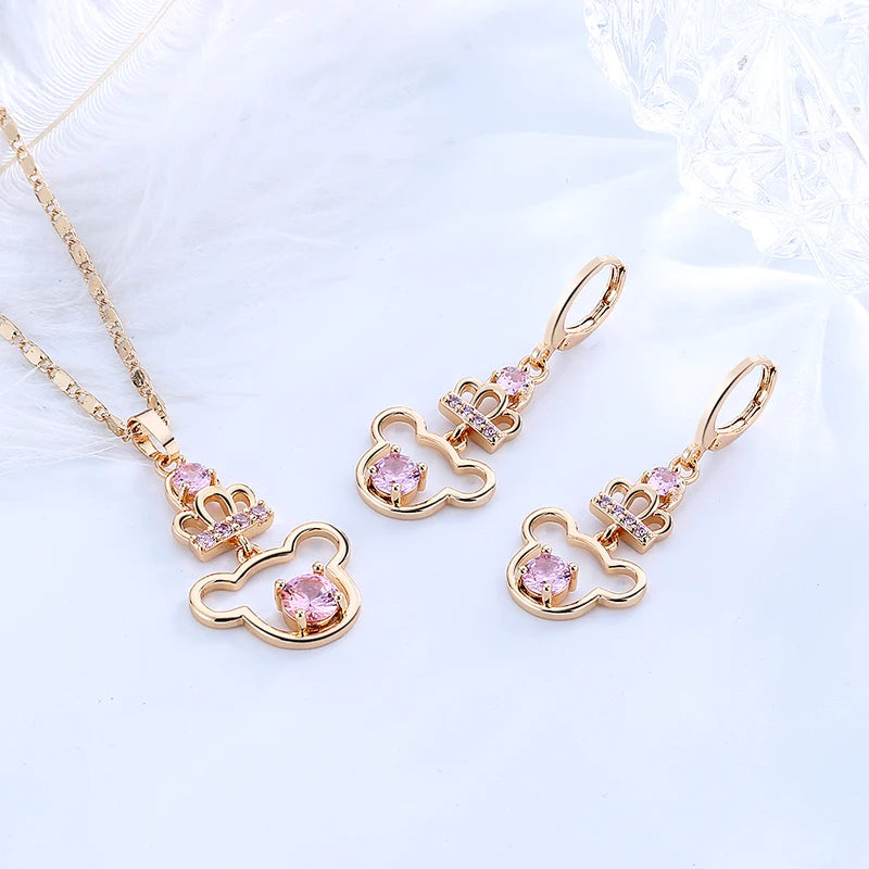 Best Selling Jewelry Set Teddy Bear Earring and Necklace Set 3 Pieces Pendant Necklaces and Huggie Drop Earrings Sets
