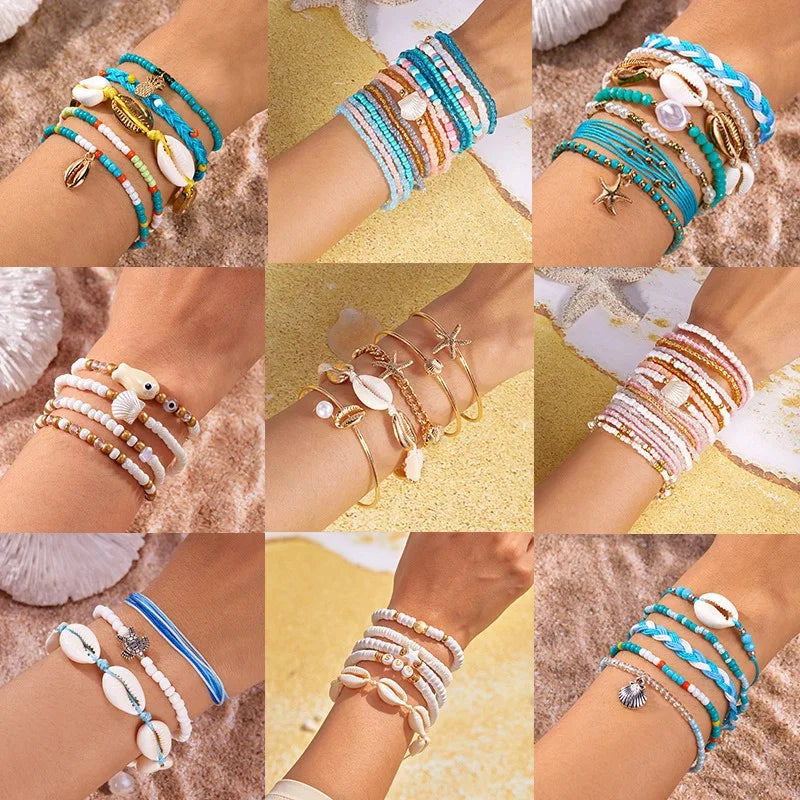 Bohemian Beach Style Multi Layer Seed Beads Shell Starfish Evil Eye Conch Bracelet Set for Women