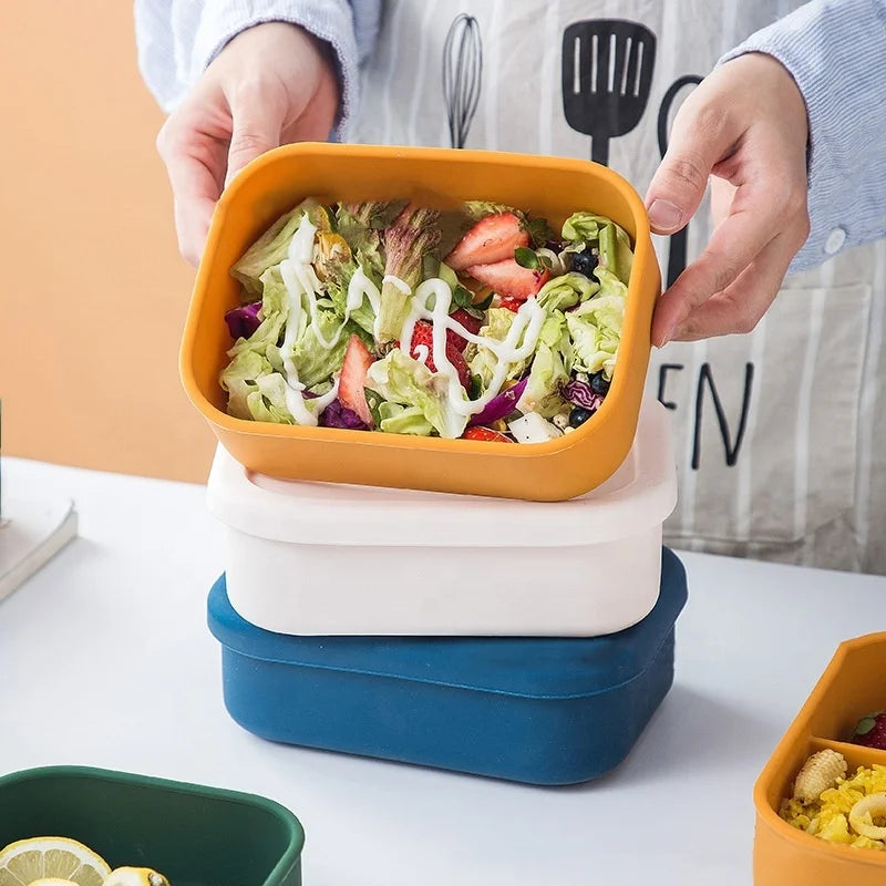 Dropshipping Rectangle Food Grade Silicone Kids Snack Fruit Containers Microwave Safety Bento Lunch Box With Silicone Lid