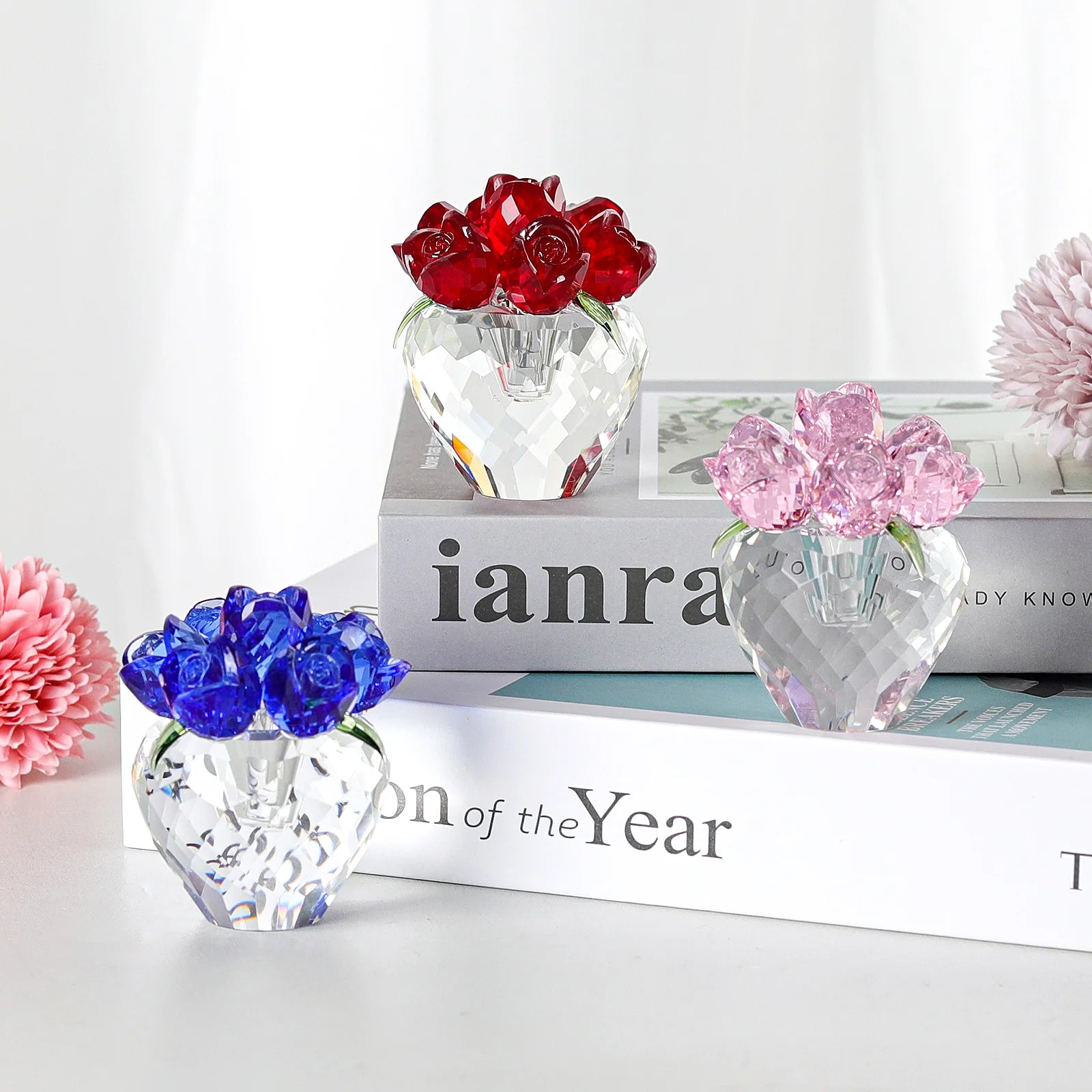 Red Color Crystal Flower Gifts for Mom Wife Girlfriend Glass Flower Ornaments for Home Office Tabletop Paperweight