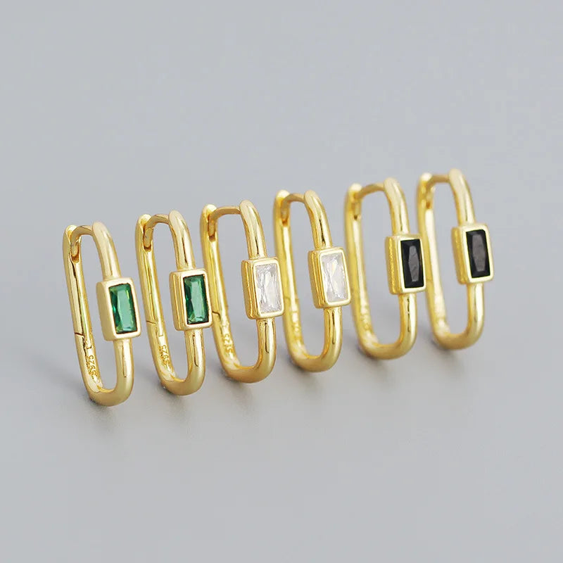 Women's Trendy Gold-Plated 925 Sterling Silver Green Zircon Hoop Earrings Simple Geometry with Bohemian Style for Party