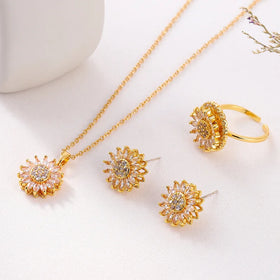Minimalist Stainless Steel Necklace Earrings Ring Set with 3A Zircon Fidget Rotatable Sunflower Jewelry for Women for Weddings