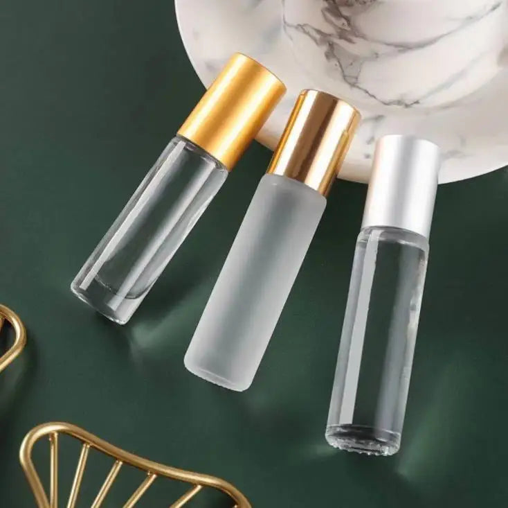 In Stock 6ml 8ml  10ml clear Frosted  Glass Roll on Bottle With Steel/glass Roller and Silver/gold Cap