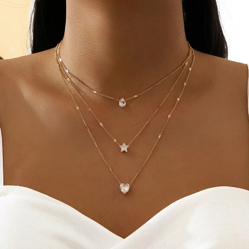 Fashion Crystal CZ Water Drop Star Choker Necklace Gold Plated Multi Layer Rhinestone Crystal Heart Necklace for Women Girls