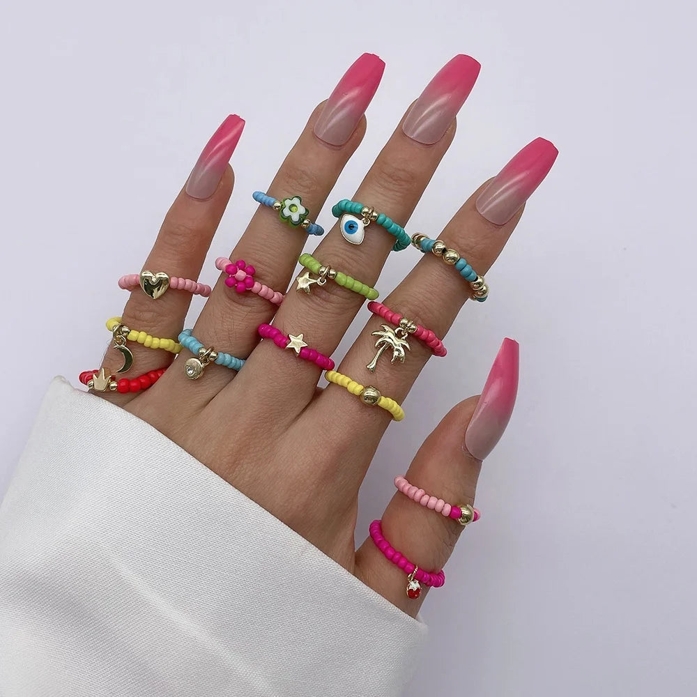 Wholesale Handmade Cute Bohemia Hot Pink Seed Beads Rings Set Adjustable Colorful Rings Women Girl Beaded Rings