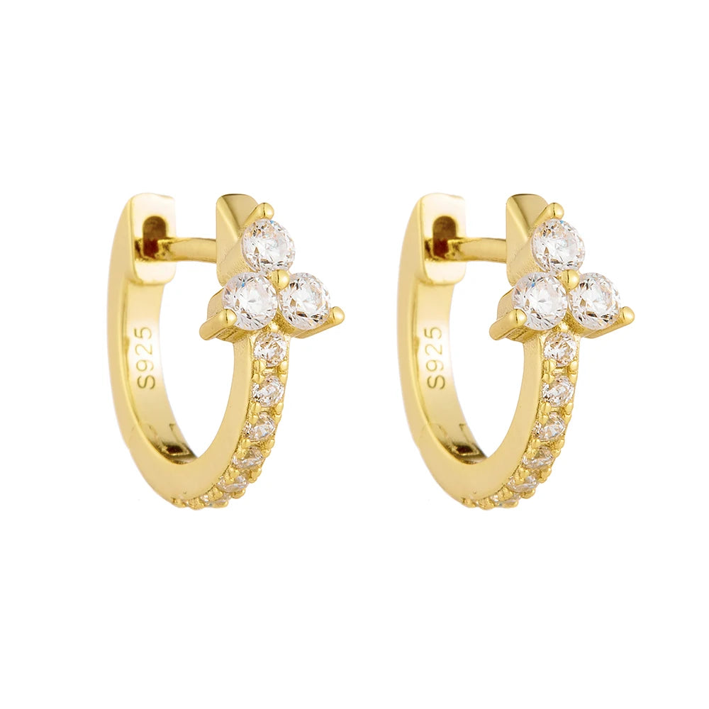 Wholesale Custom Flower Inlay Fine Hoop Earrings Luxury 925 Sterling Silver Clover Pave Cz Huggie Earrings for Girls Gift