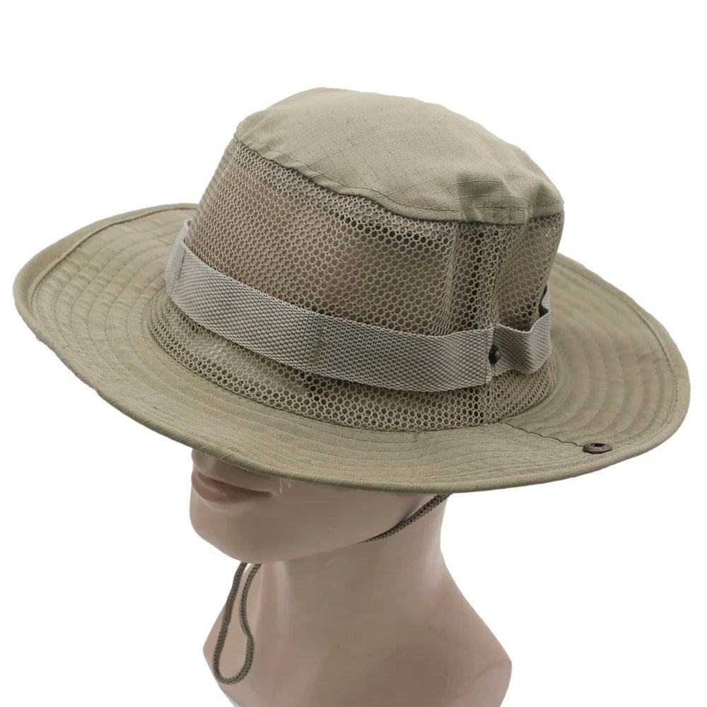 Men Outdoor Fishing Sunshade Hat Camping Fishing Hiking Jungle Sports Hat Wide Brim Boonie Cap Drawstring Fisherman Hats