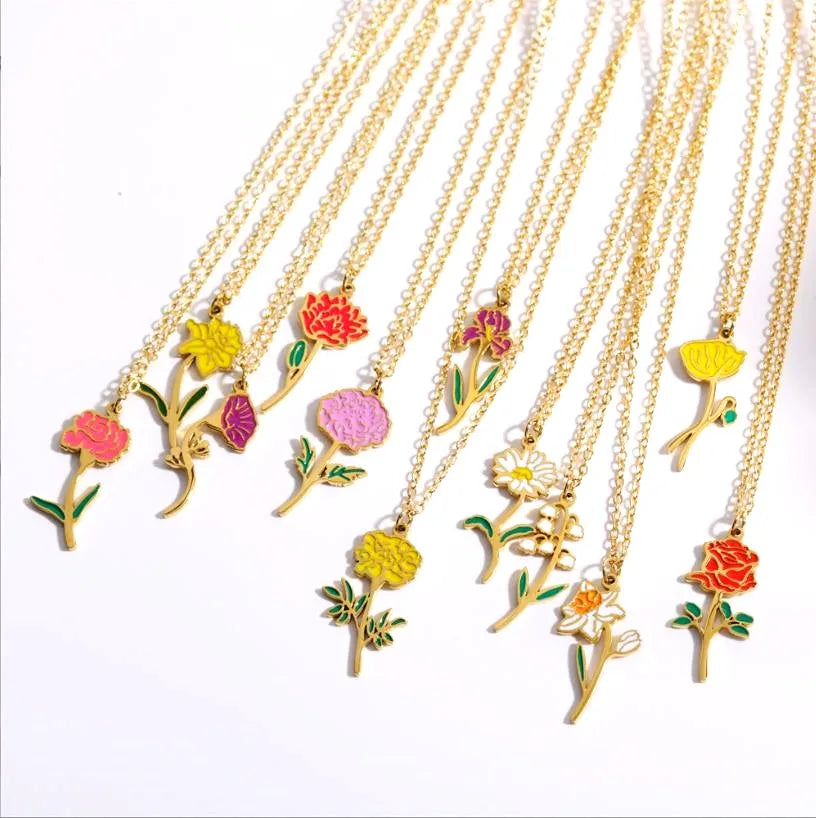 Drop Oil 12 Birth Flower Necklace Femmes Fashion Gold Plated Stainless Steel Month Flower Pendant Necklace for Women Jewelry