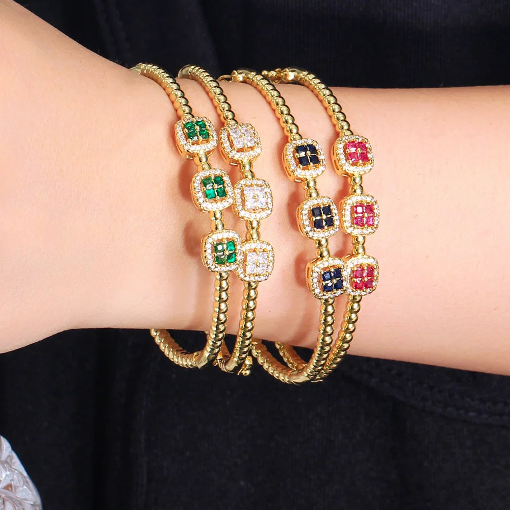 New Trendy Square Green Blue Cubic Zirconia Stone Dubai Gold Plated Safety Clasp Round Bangles for Women Party Gifts