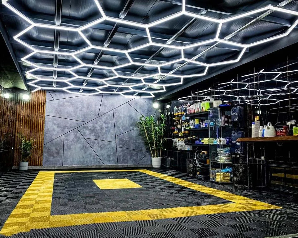 Customizable Size DIY Plug-in Hexagon LED Garage Light for Workshop Gym Detail Shop Landscape Hexagonal Honeycomb Grid System