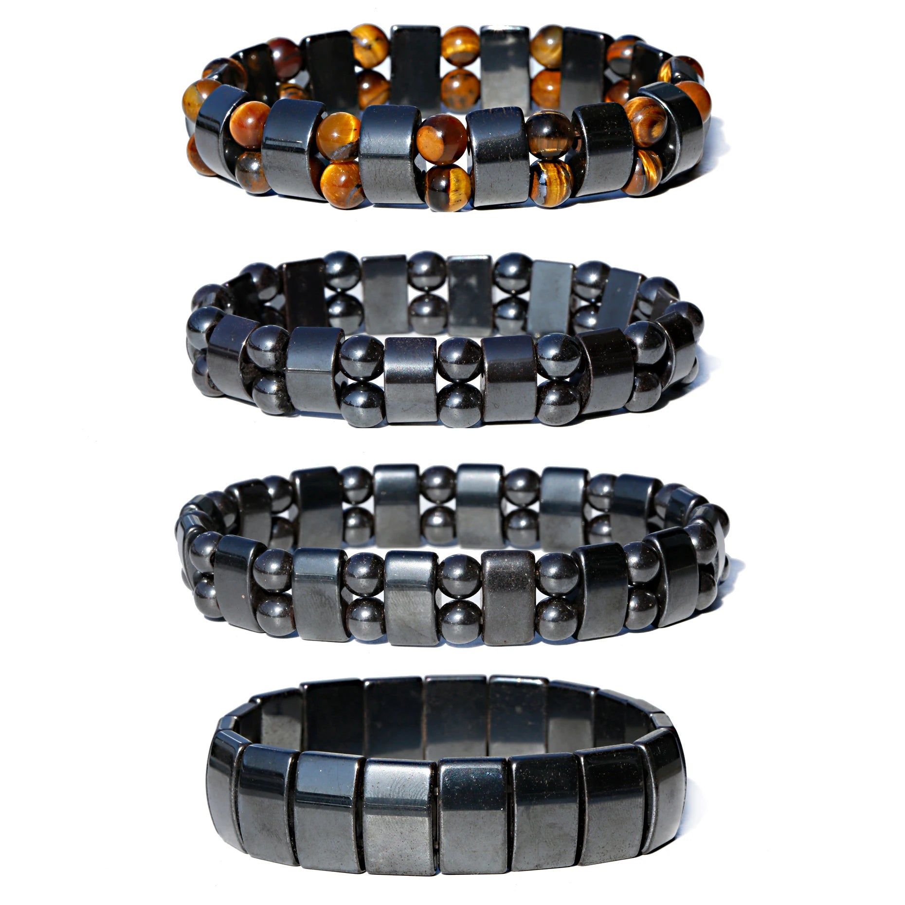 Douvei Trendy Double-Layer Hematite Elastic Cord Bracelet with Natural Tiger Eye Stone Beads Charm Bangle Jewelry-Gift