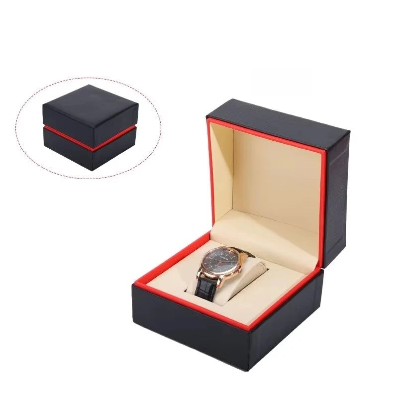 Personalized Black PU Leather Single Watch Storage Packaging Box with Red Boarder
