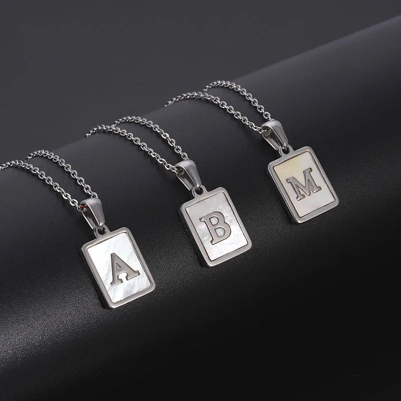 Stainless Steel Silver Jewelry White Shell Letter Pendant Necklace Rectangle Square A-Z Alphabet Initial Shell Necklace