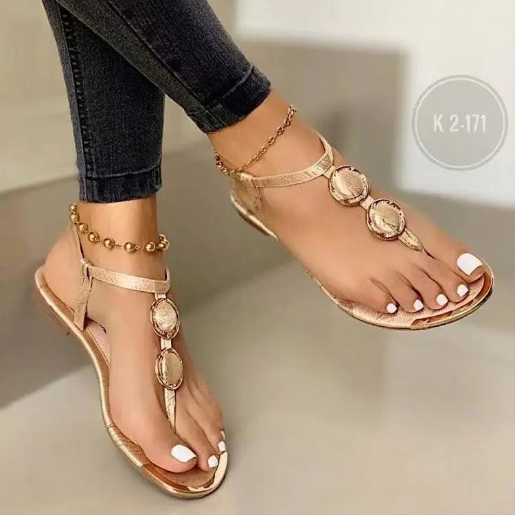 Women's Solid Colour Trendy Clip Toe Sandals Metal Fashion Popular Ladies Flat Bottom Sandals Summer Beach Casual Women's Shoes