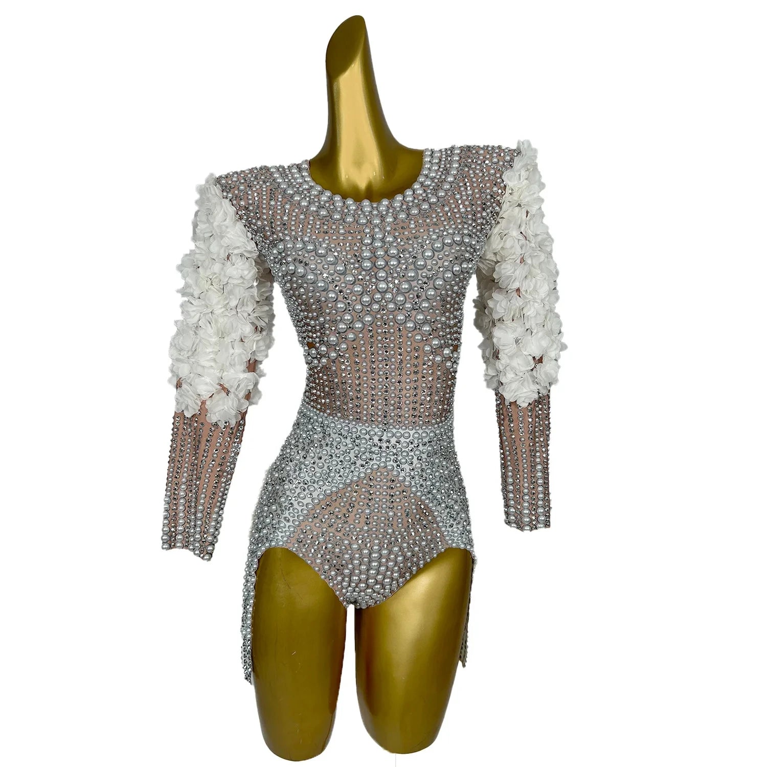 Sexy Pearls Crystal One Piece Jumpsuit Party Club Rompers Singer Festival Outfit Gogo Dancer Costumes Women Rhinestone Bodysuits