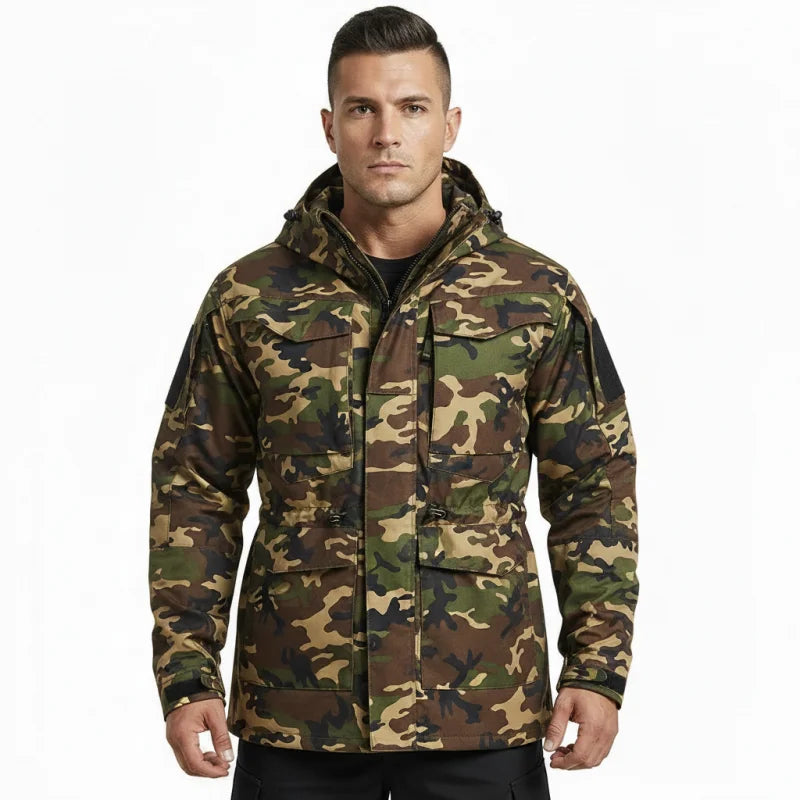 AQTQ Custom Men's Camouflage Tactical Jacket Waterproof Hooded Tactical Field Coat for Outdoor Hiking Hunting