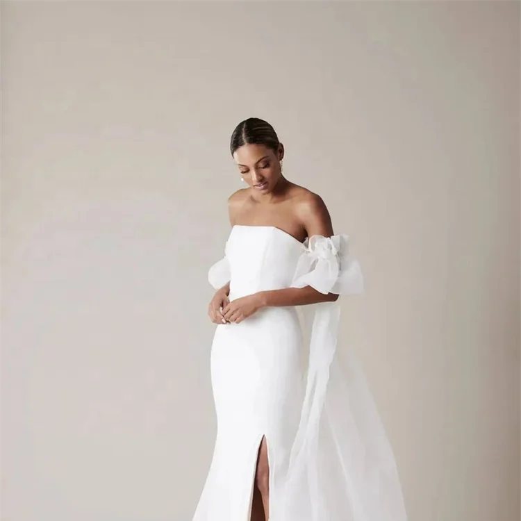 Bicep Organza Cape With Long Tail Solid Color Bubble Sleeve Lit Wedding Dress One Shoulder Removable Wedding Dress
