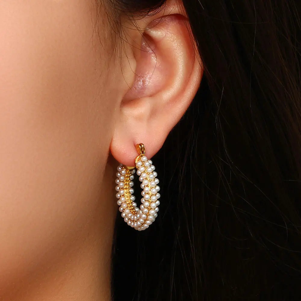 Waterproof Fashion Jewelry 18K Gold Plated Pearl Gold Earring Stainless Steel Pearl C Shape Earring for Women