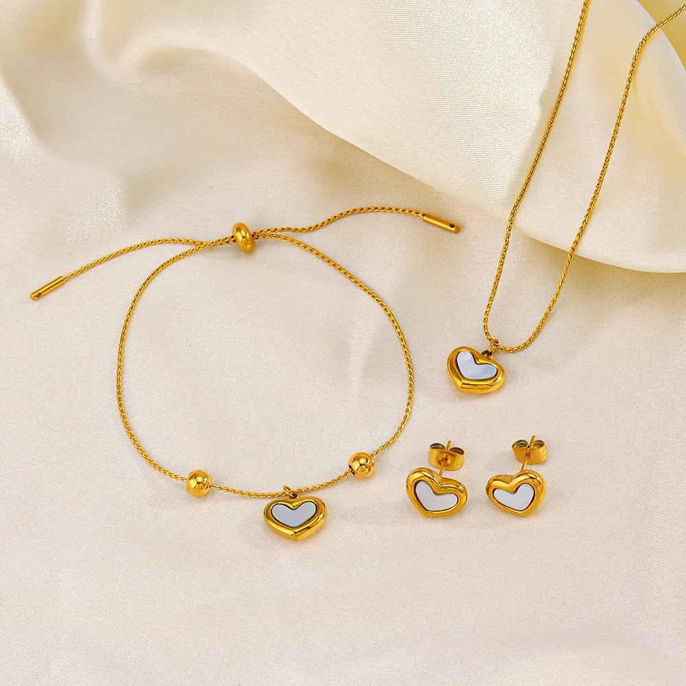 Luxury Quality Stainless Steel 18K Gold Plated Waterproof Heart Shell Necklace Bracelet Earring Sets